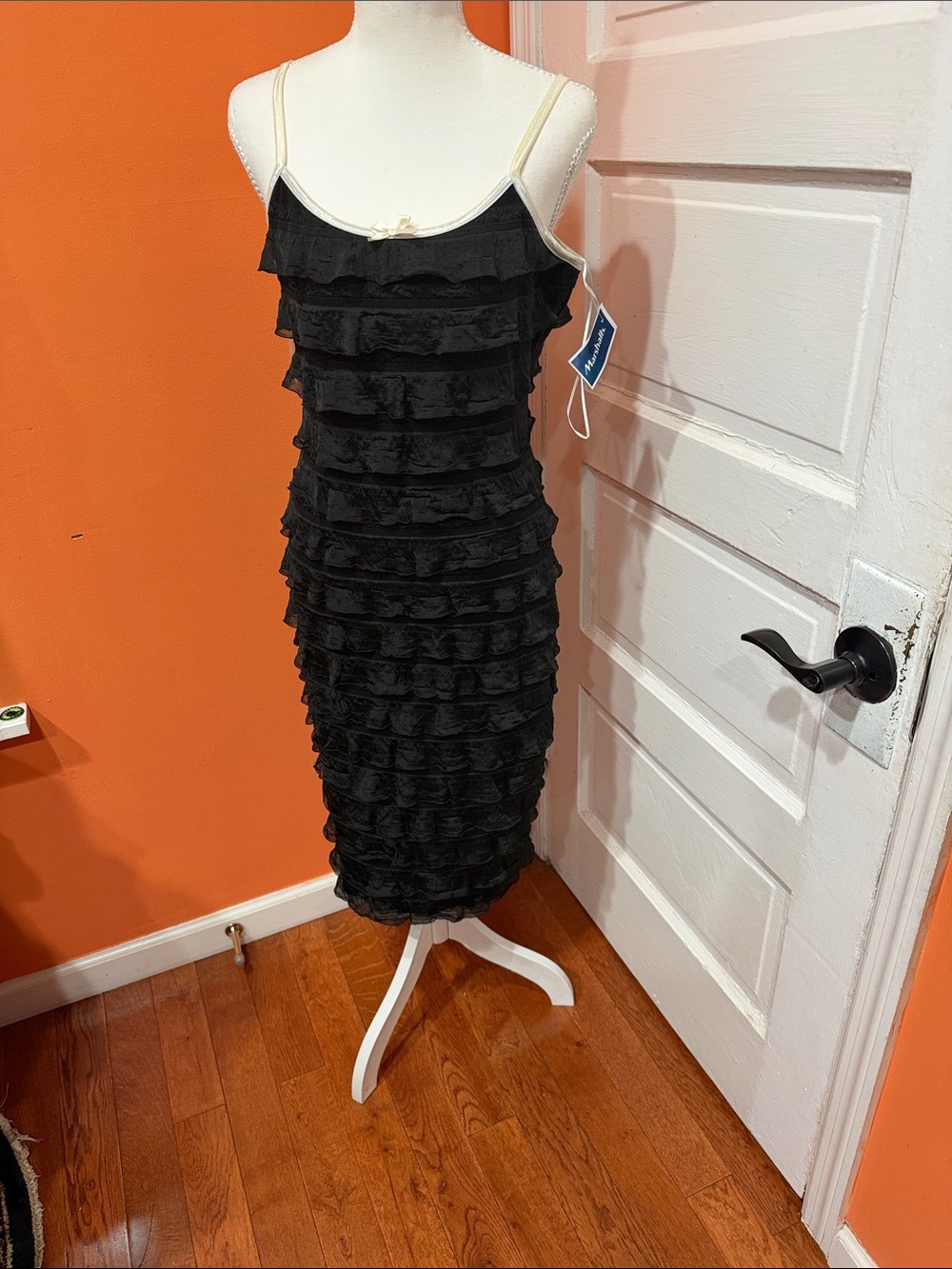 Black Tiered Ruffle Midi Slip Dress with Contrast Trim